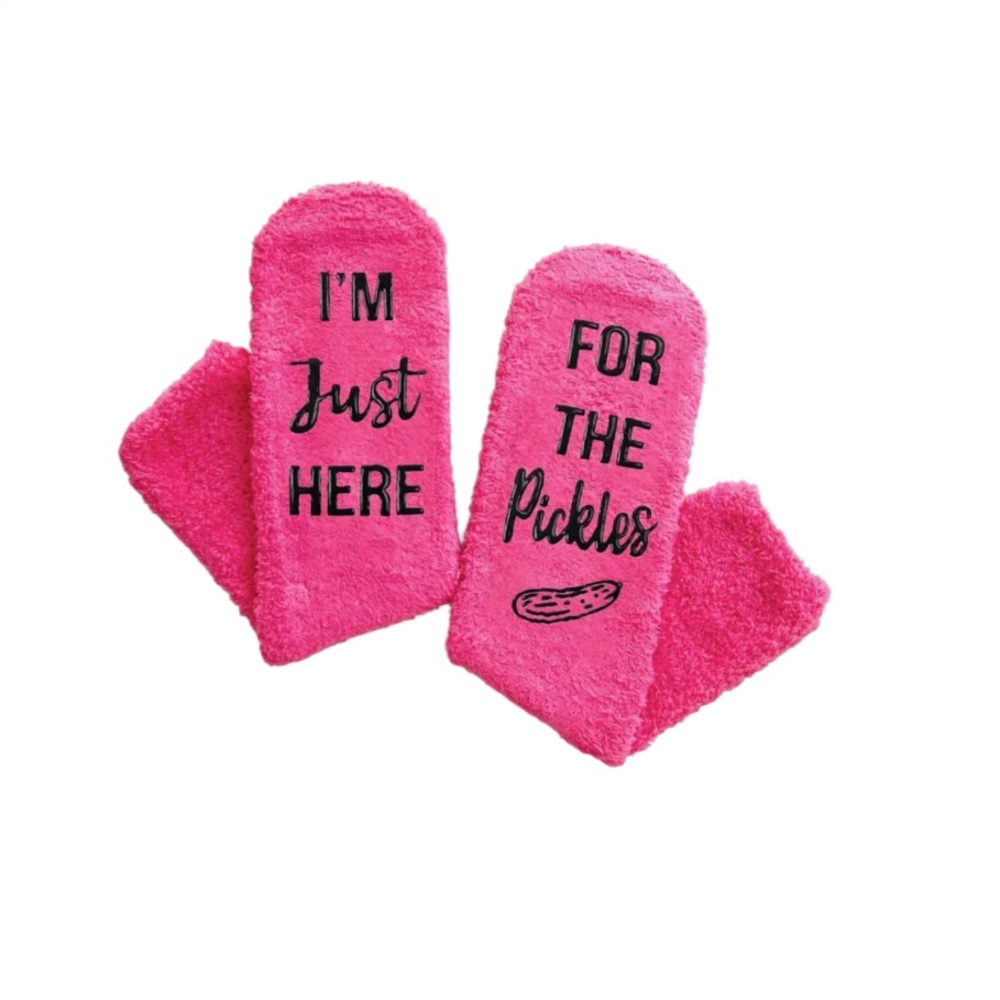 Happypop I’m Just Here For The Pickles Plush Socks Hot Pink & Black DIY Gift